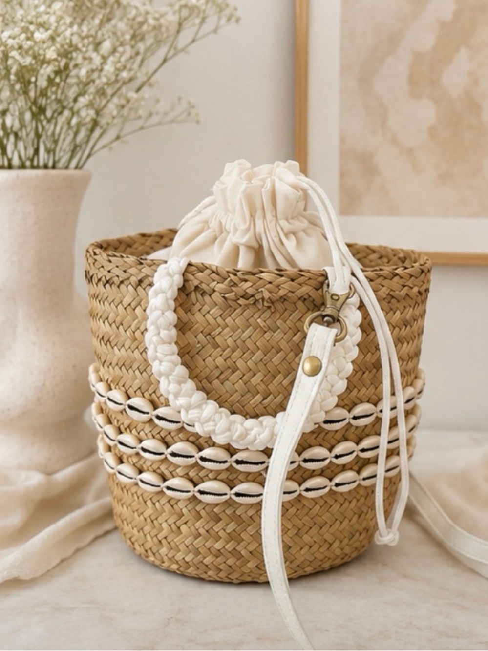 Natural Straw Tote with White Shell Detailing